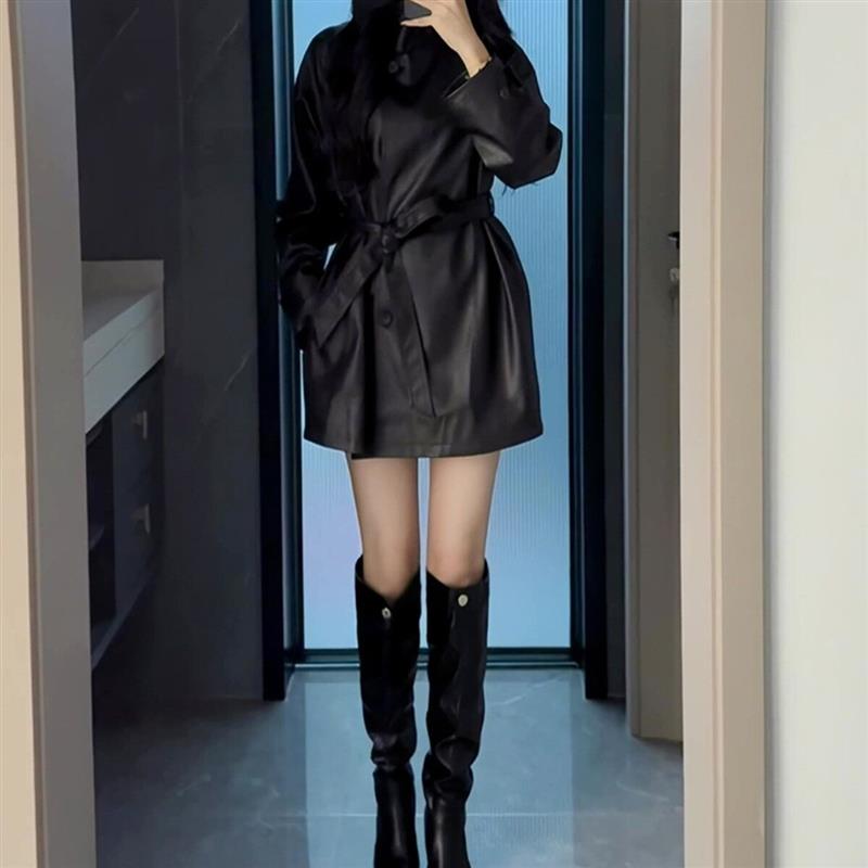黑色PU皮衣外套女2026新款高级感系带宽松外套廓形中长款大衣潮
