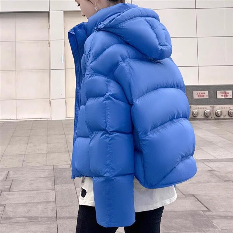 蓝色短款棉服女装2026年新款冬季加厚宽松连帽面包服休闲外套潮