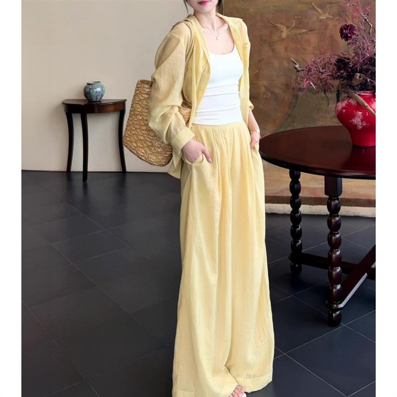 黄色休闲运动套装女夏薄款显瘦时尚百搭长袖防晒衬衫阔腿裤两件套