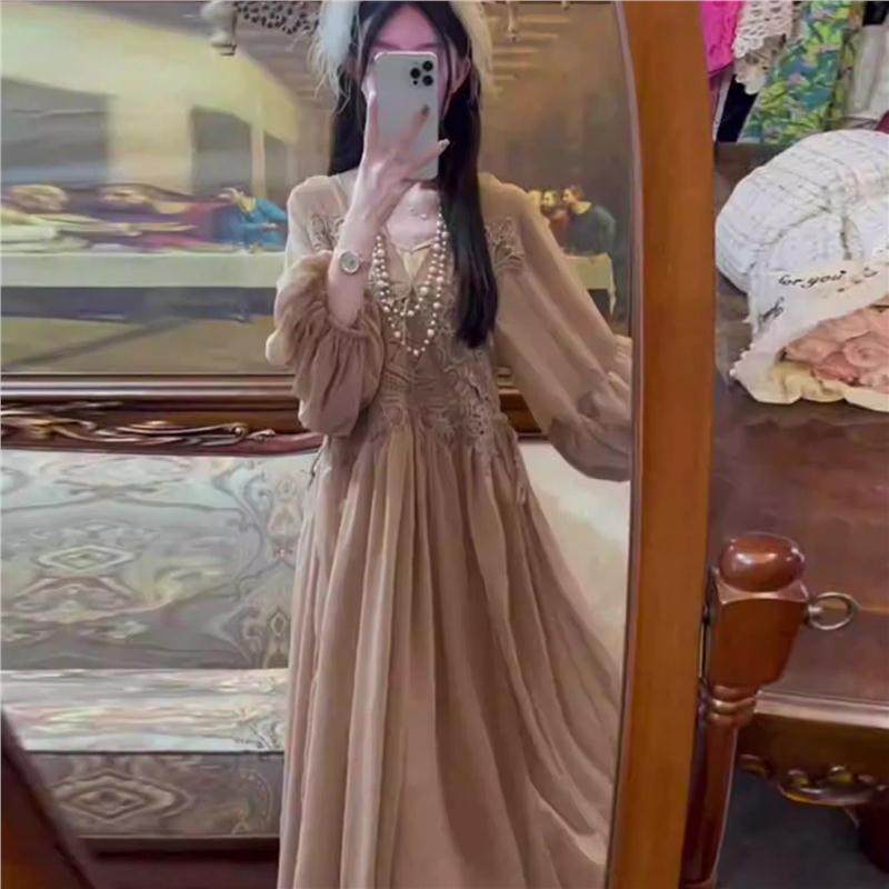 波西米亚度假风连衣裙女气质早秋装新款七分袖小众超仙雪纺长裙子