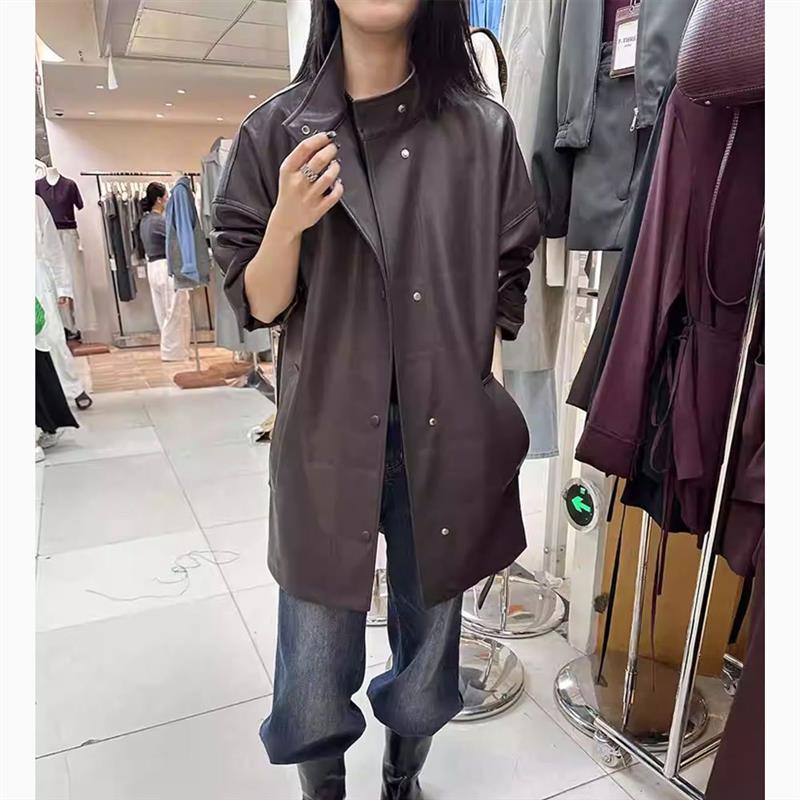 高级感立领中长款皮衣外套女2026年春秋季新款复古设计感宽松风衣