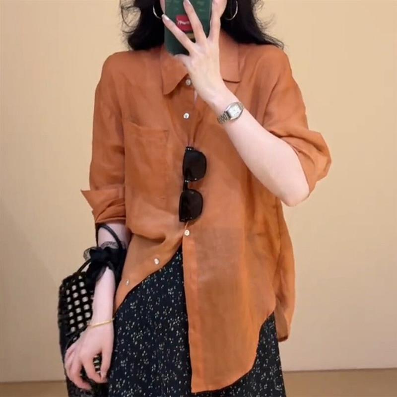 韩系巨好看纯色防晒长袖衬衫外套女夏季宽松慵懒风外搭薄款小上衣