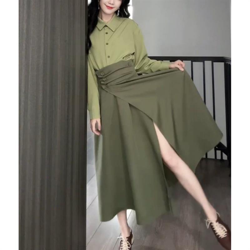 巨好看的两件套早秋绿色复古文艺风长袖衬衫女高腰褶皱半身裙套装