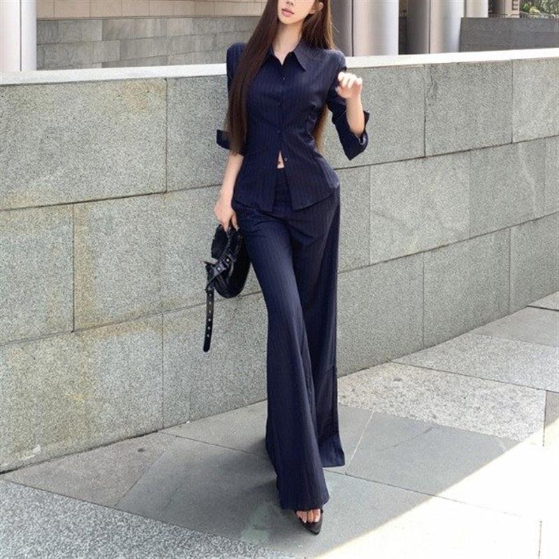 御姐高级感套装气质polo领长袖条纹衬衫女秋季微喇叭休闲裤两件套