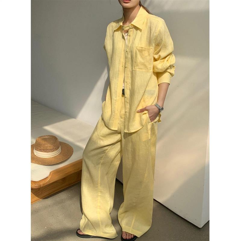 黄色度假风衬衫套装女2026年夏秋季穿搭一整套防晒衬衣长裤两件套