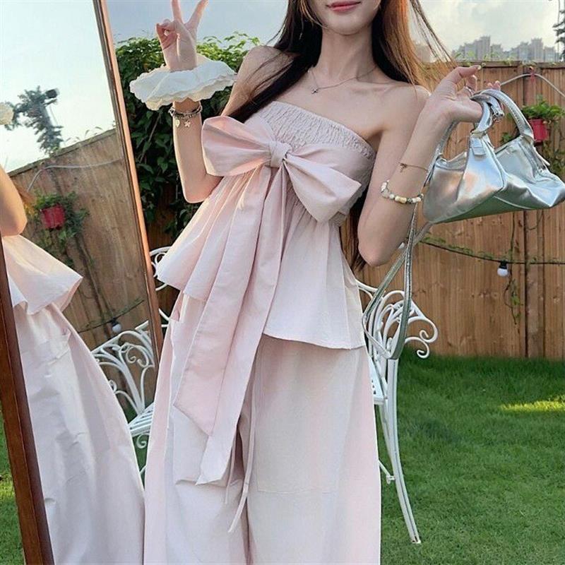 新款甜美气质套装法式蝴蝶结抹胸背心女夏季粉色宽松阔腿裤两件套