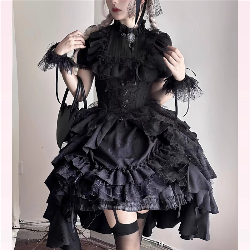 暗黑哥特风吸血鬼lolita黑白色衬衫提拉裙少女黑色女巫裙子套装女