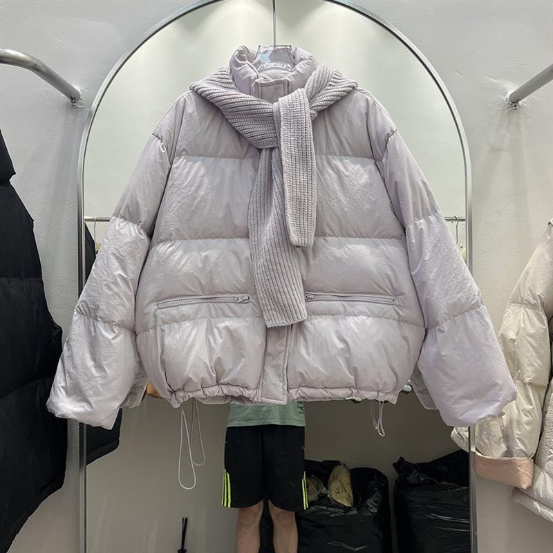冬装新款女士短款棉服2026年时尚立领可脱卸针织围巾帽保暖外套