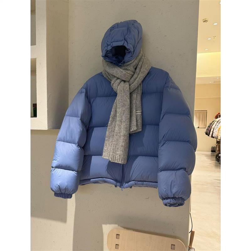 蓝色短款泡芙龟背棉服女装2026年冬季新款百搭小个子连帽保暖外套