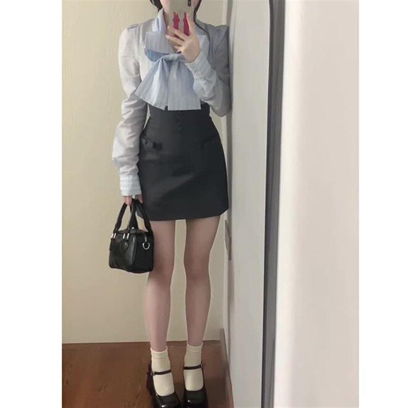 学院风套装甜美蝴蝶结长袖衬衫上衣女装春秋高腰显瘦半身裙两件套