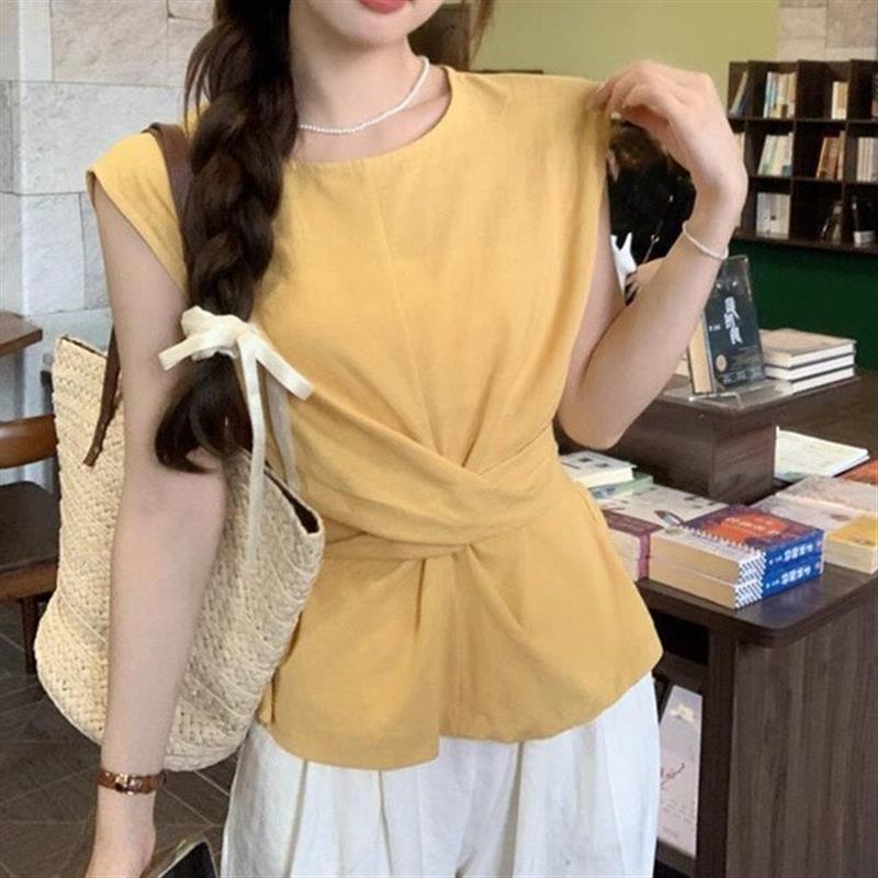 系带收腰无袖衬衫女夏季2026新款韩系气质修身显瘦纯色百搭上衣潮
