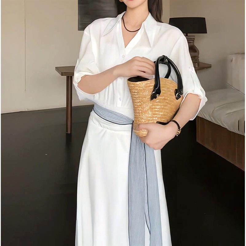 极简风气质白色polo领衬衫高腰半身裙两件套女款2026年夏季新款