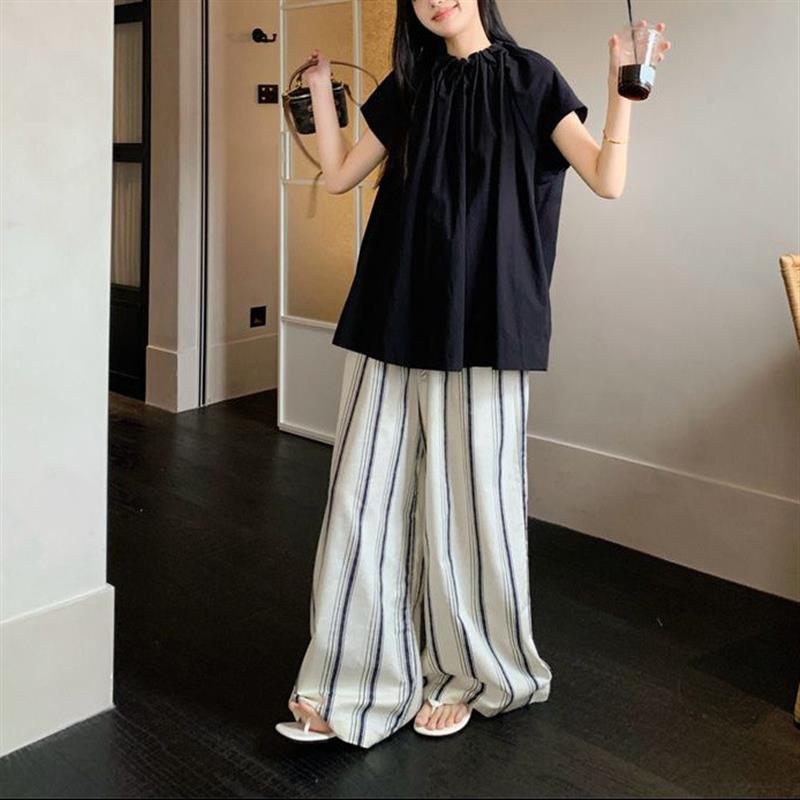 法式黑色套装短袖衬衫女夏季宽松显瘦慵懒风圆领小飞袖娃娃衫上衣