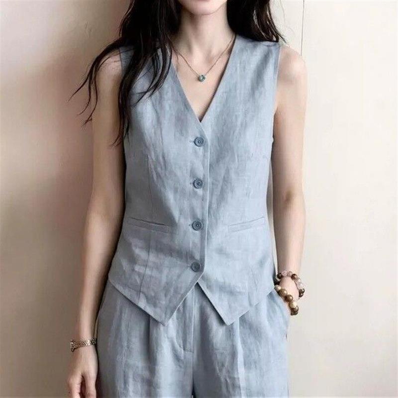 夏季新款马甲时尚套装女气质V领老钱风无袖上衣通勤职业阔腿裤潮