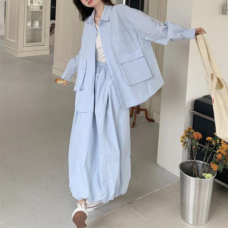 蓝色休闲慵懒风工装套装裙女春季2026新款韩版衬衫半身长裙两件套