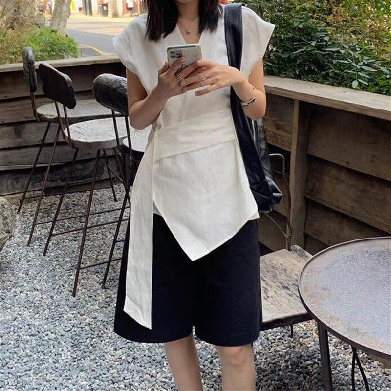 可调节腰带V领显瘦设计感衬衫女2026夏新款小众简约无袖气质上衣