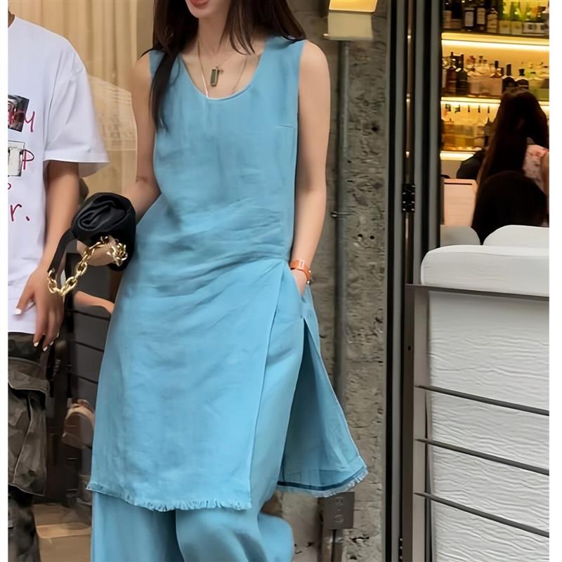 慵懒松弛老钱风休闲套装女夏季度假感无袖开叉背心裙阔腿裤两件套