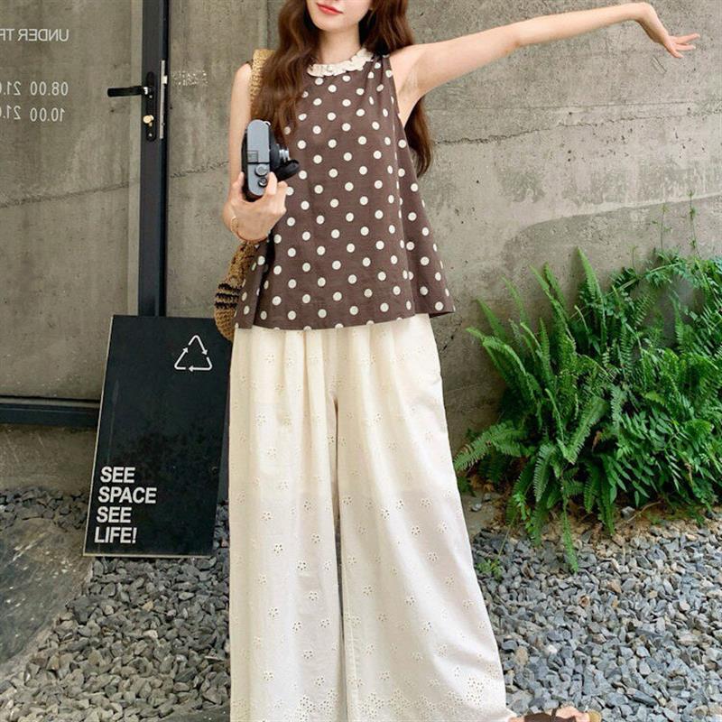 韩版木耳花边圆领无袖波点背心2026女夏季新款慵懒风宽松显瘦上衣