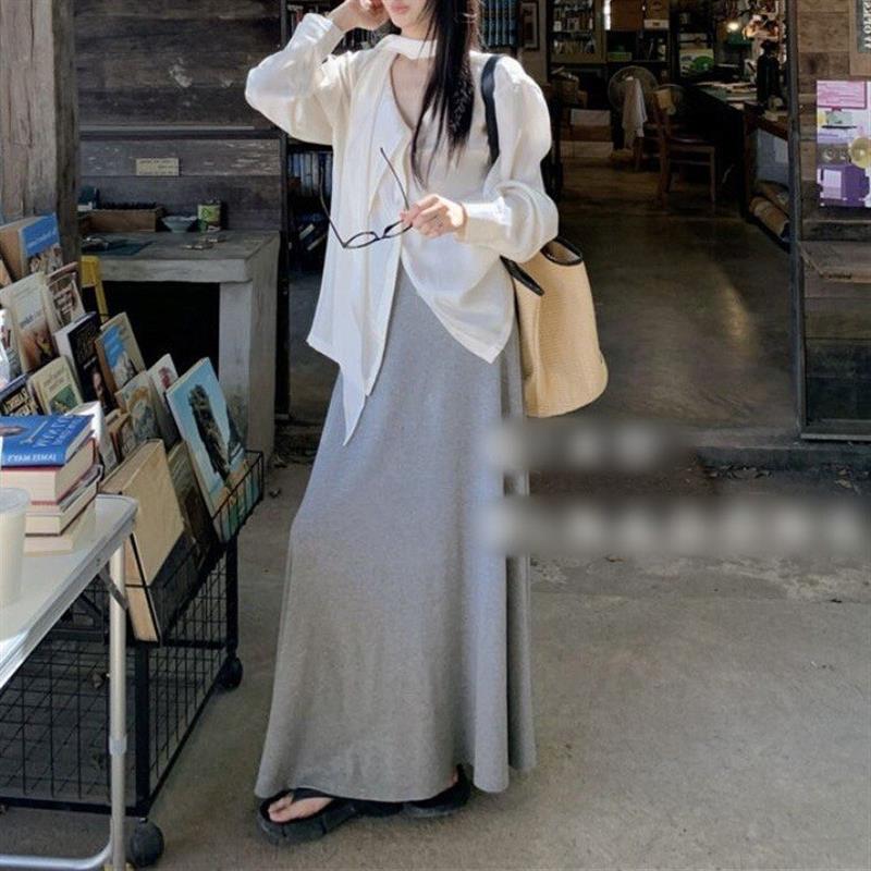 设计感飘带白色衬衣春秋季高级感百搭长袖衬衫简约慵懒半身裙套装