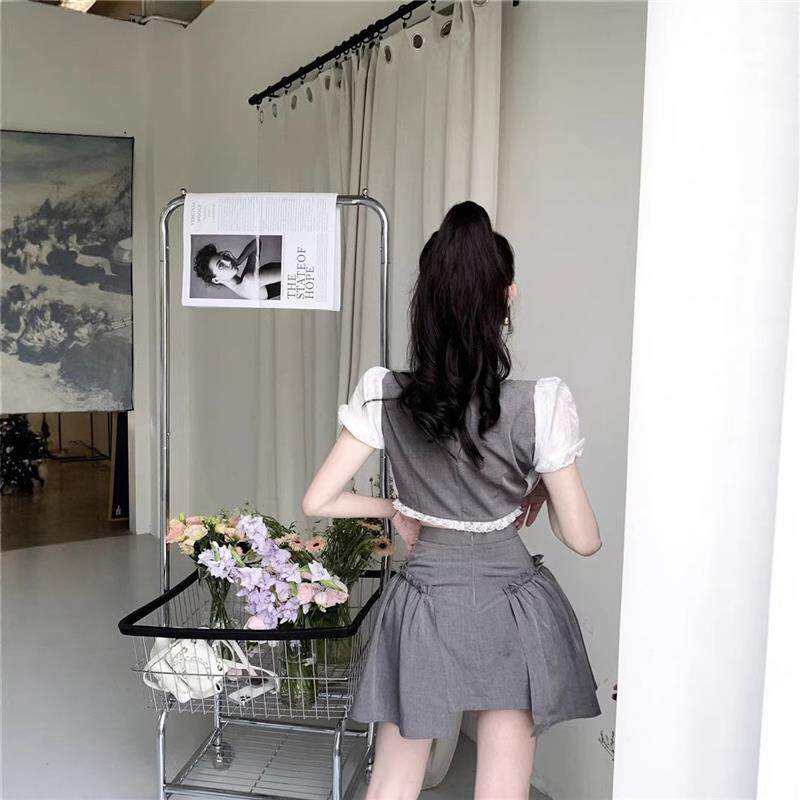 甜辣妹时尚气质花边短袖衬衫上衣女夏季纯欲套装高腰半身裙两件套