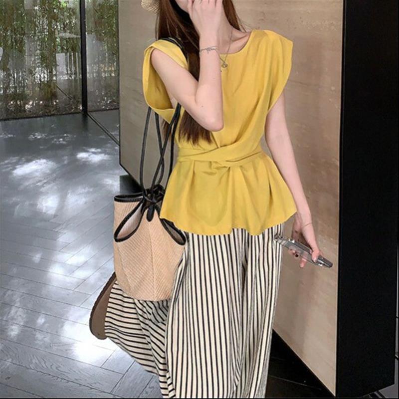 后背蝴蝶结扭结绑带收腰黄色无袖t恤女夏显瘦百搭坎肩小飞袖上衣