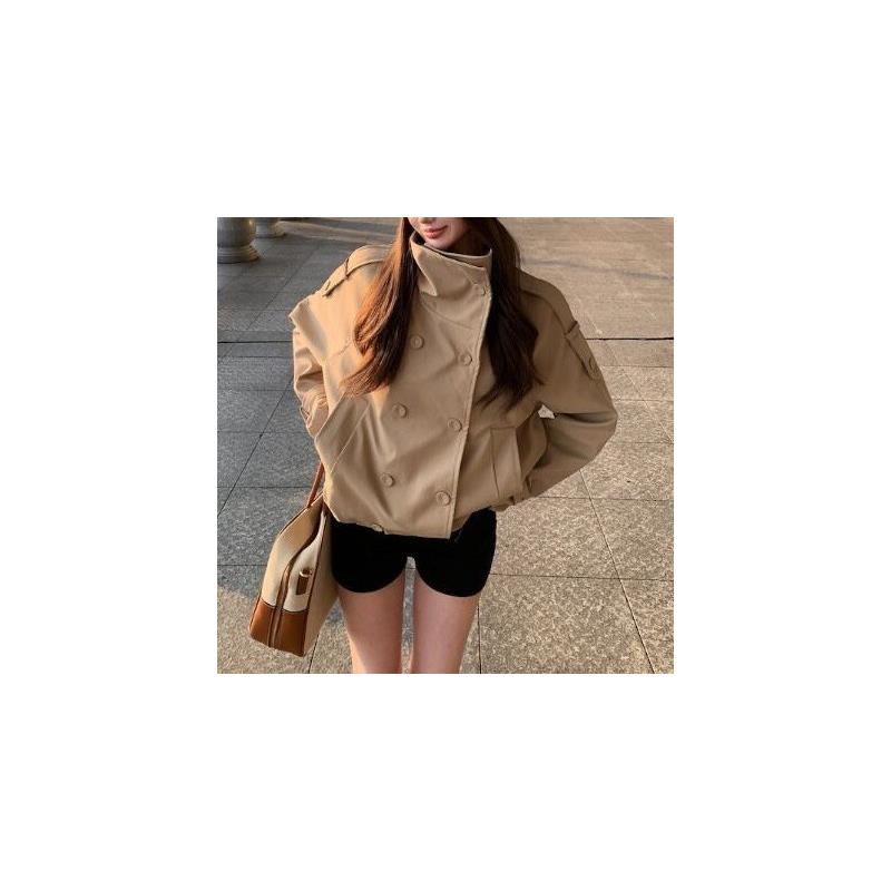 双排扣卡其色立领长袖风衣外套女春秋季高级感宽松休闲气质上衣