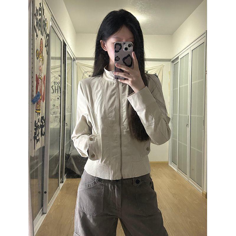 美式复古立领白色棒球服外套女2026春秋新款休闲机车夹克长袖上衣