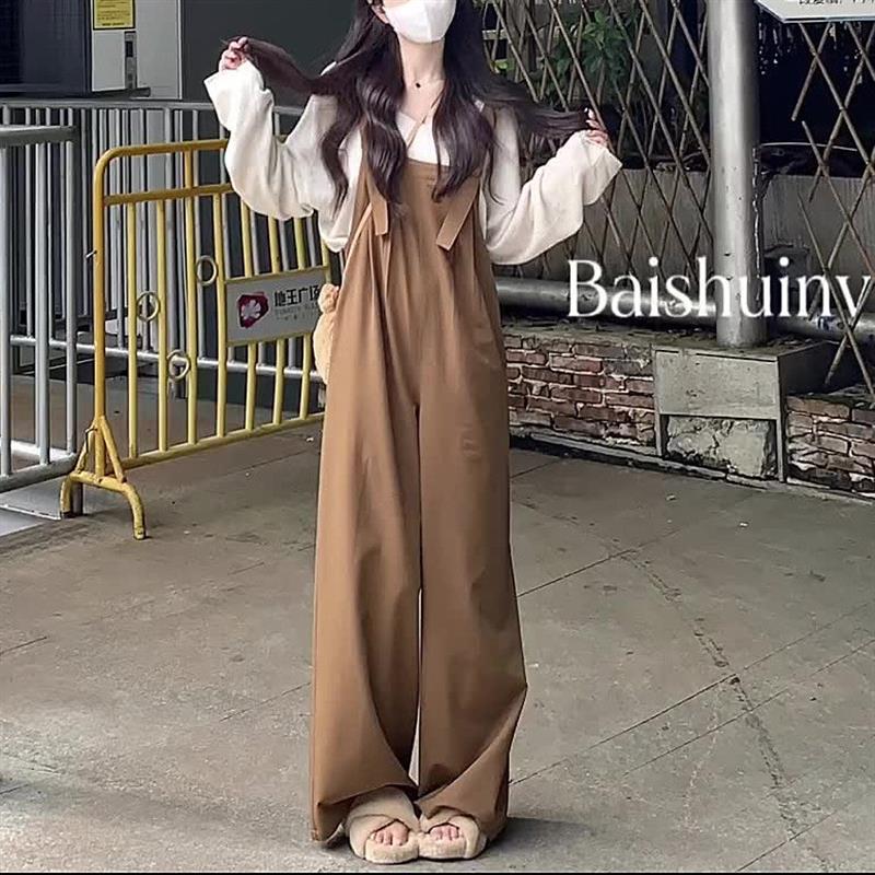 长袖杏色上衣春季韩版宽松慵懒风百搭休闲背带裤女时尚百搭套装潮