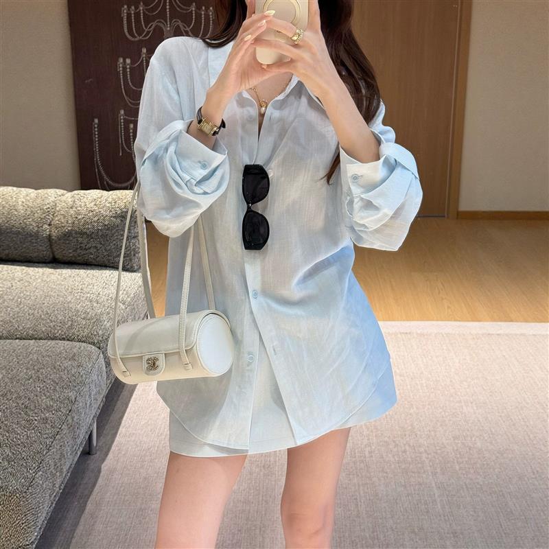 韩系简约纯色套装女2026年夏季夏冰川蓝色松弛老钱风衬衫半身短裙