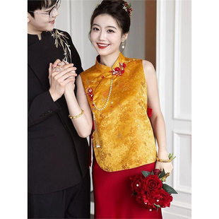 金色新中式订婚礼服裙晨袍新娘结婚敬酒服2025新款回门答谢宴便装