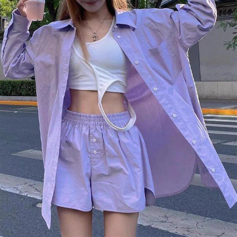 紫色衬衫短裤套装女夏2026新款时尚高级感休闲运动防晒衬衣两件套
