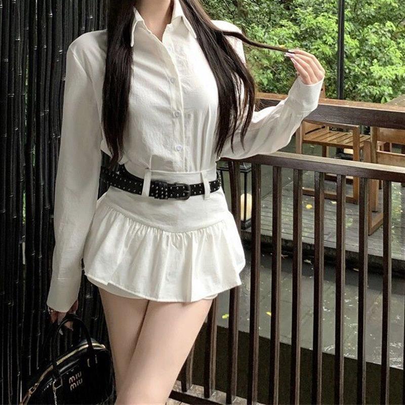 气质套装女白色宽松百搭长袖衬衫2026年春季高腰显瘦裙裤两件套潮