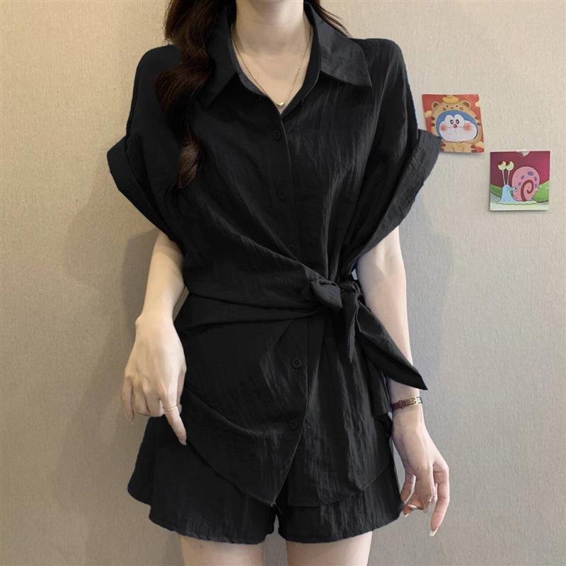 百搭女装夏季时尚感显瘦遮肉设计感系带收腰短袖衬衫短裤两件套装