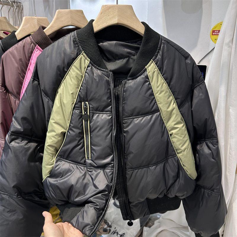 韩版撞色气质圆领褶皱拉链长袖开衫棉衣棉服2026新款减龄小衫上衣