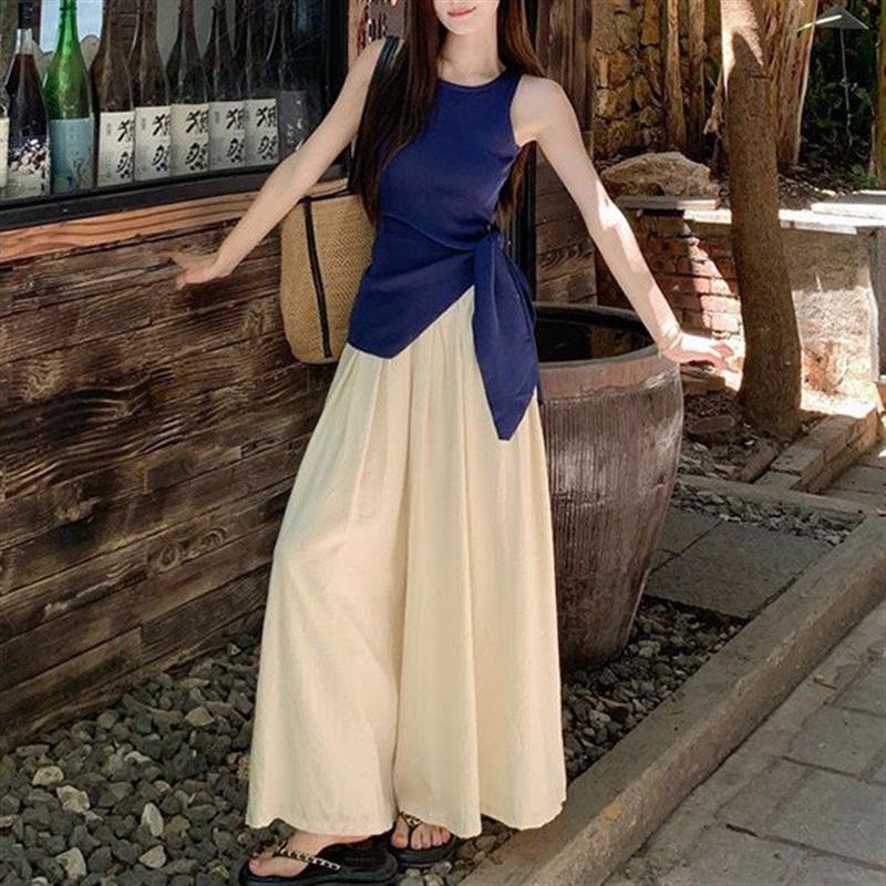 法式气质不规则绑带无袖针织背心+杏色阔腿裤女2026年夏季套装潮