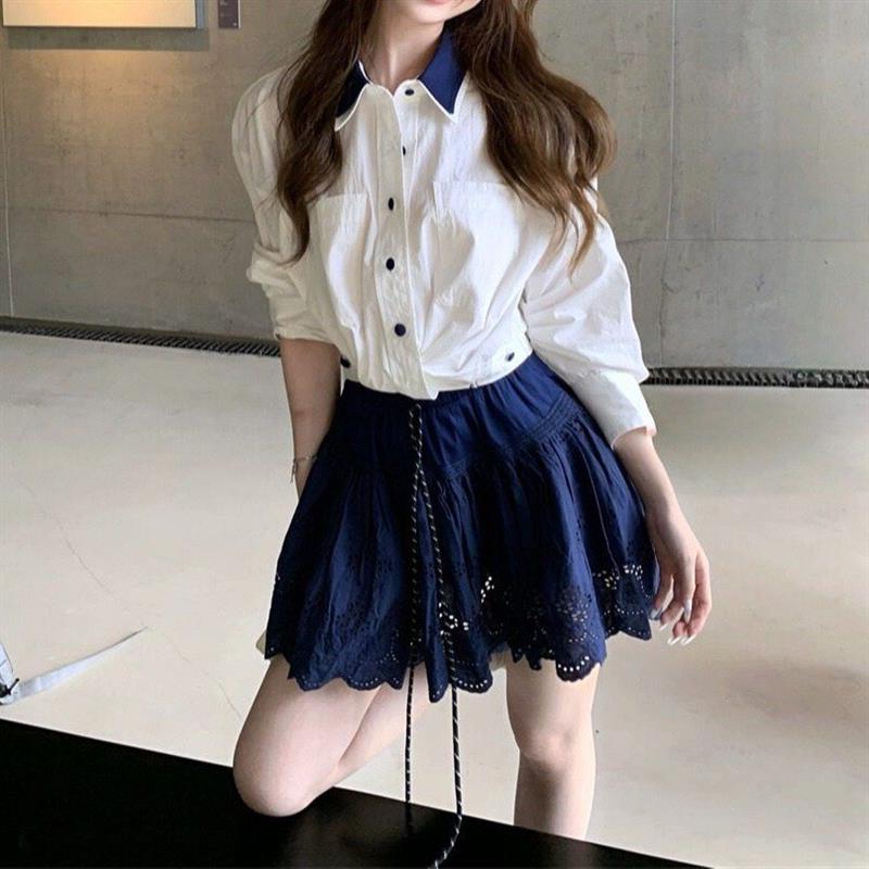 时尚套装POLO领长袖衬衫女装春季高腰a字半身裙短裙学院风两件套