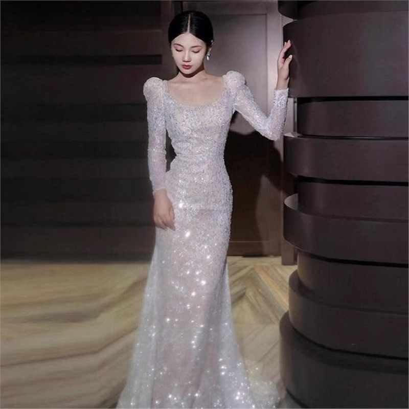 法式轻婚纱长袖气质迎宾出门纱高端轻奢名媛超仙拖尾订婚宴会礼服