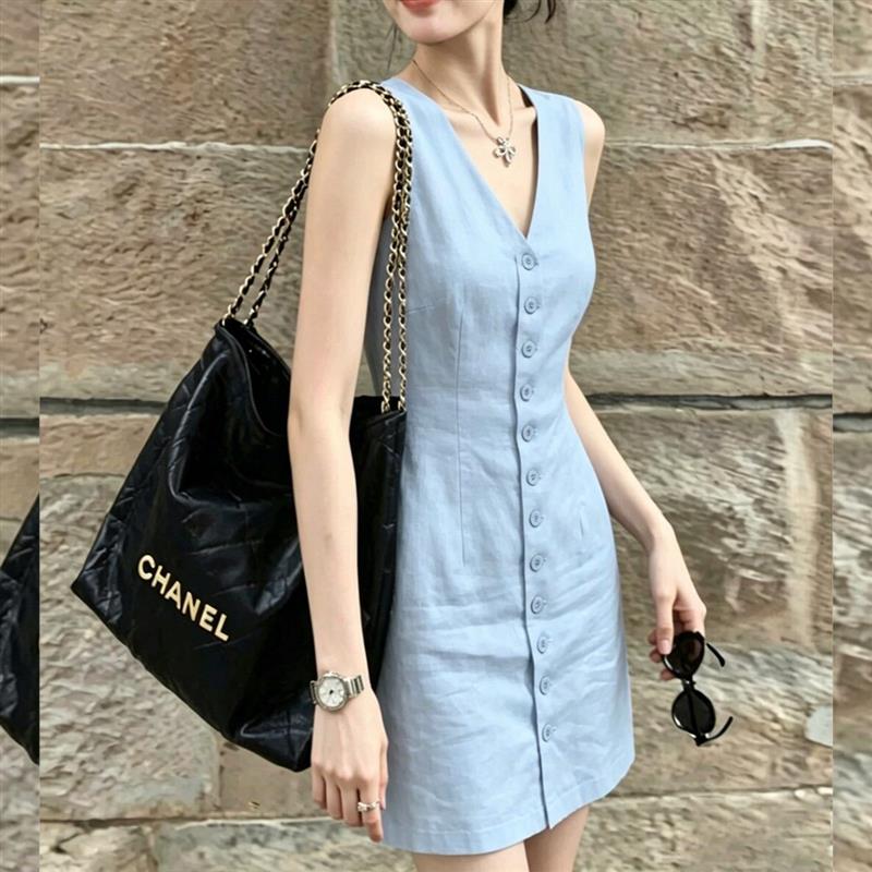 时尚韩版极简风蓝色无袖连衣裙女单排扣收腰显瘦老钱风小个子短裙