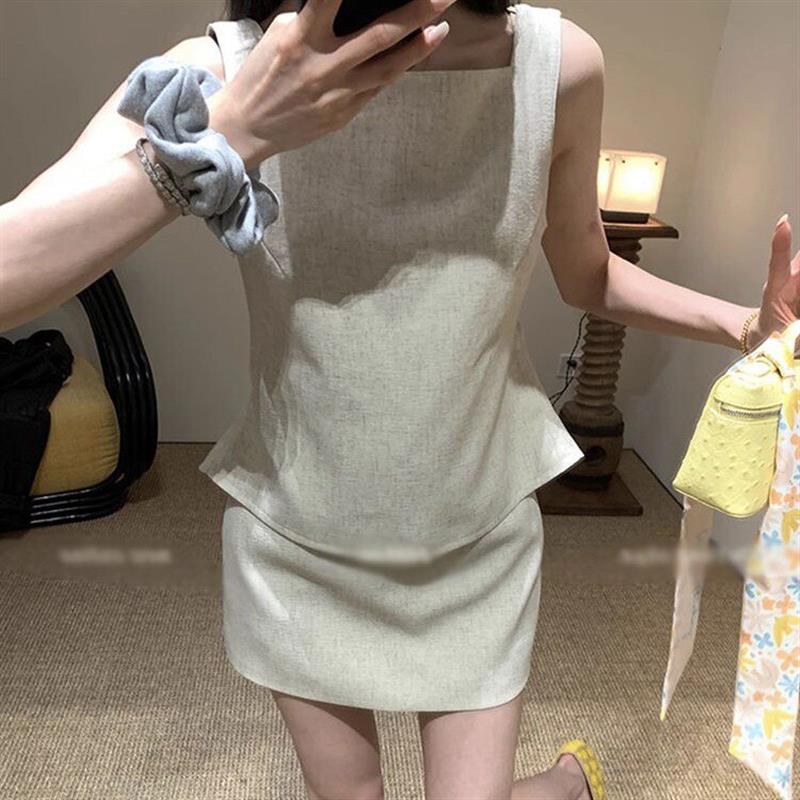 老钱风无袖衬衫女设计感小众复古收腰系带上衣裤子短裙套装夏季