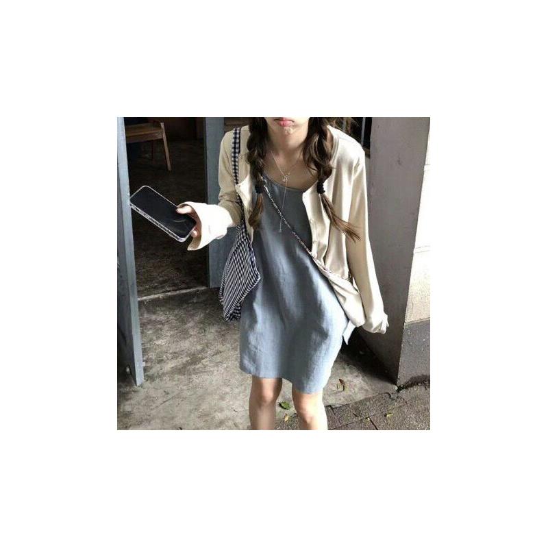 时尚百搭休闲套装杏色宽松防晒开衫女装夏季叠穿背心连衣裙两件套