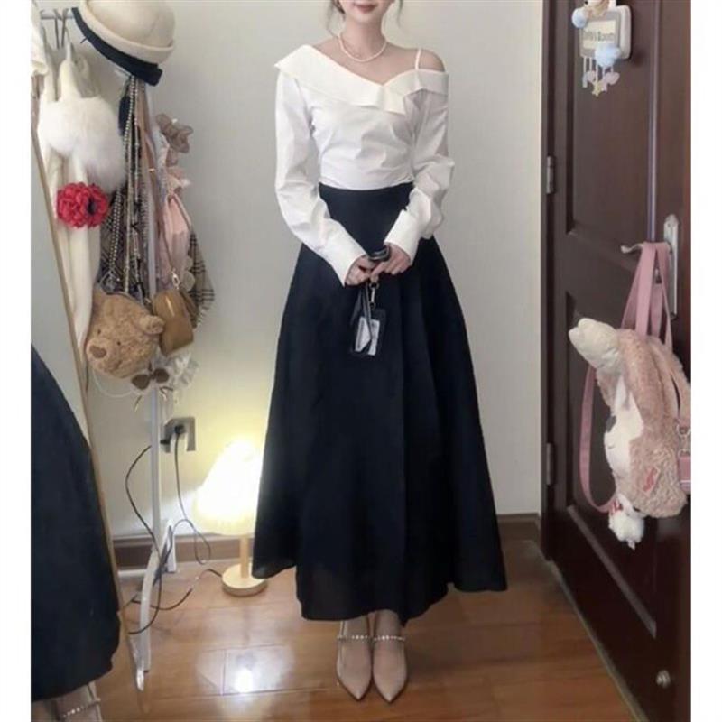 法式小香风白色荷叶边露肩衬衫女小众设计减龄黑色半身裙两件套装