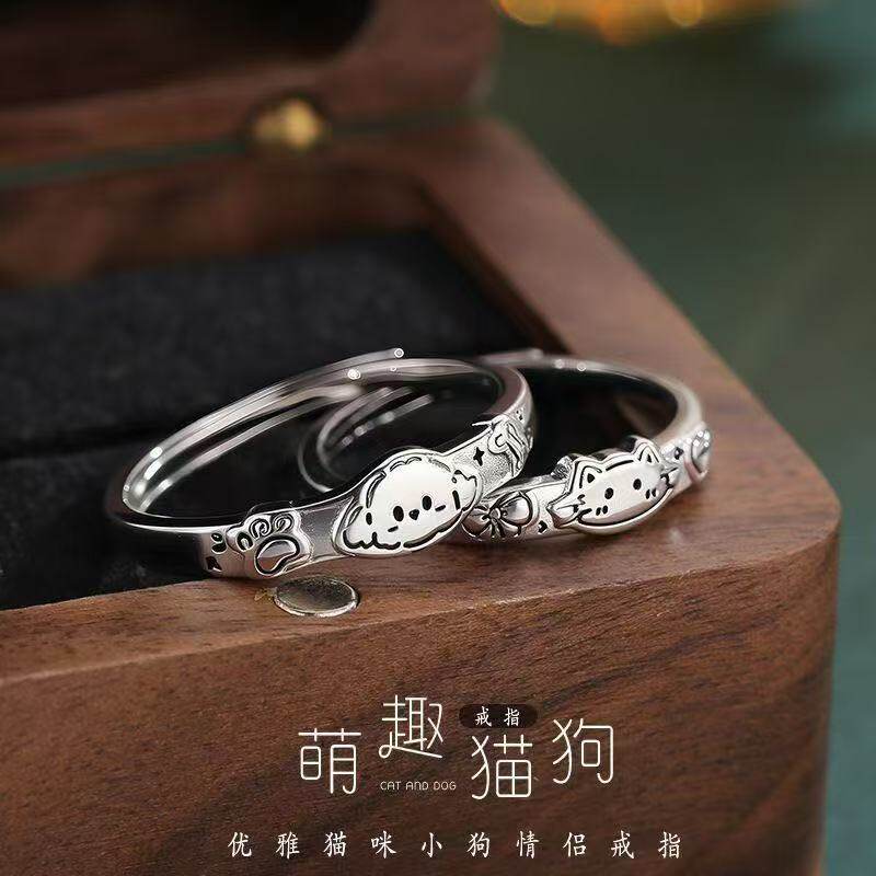 J608涂鸦猫咪小狗情侣戒指轻奢创意卡通对戒可爱萌趣开口指环