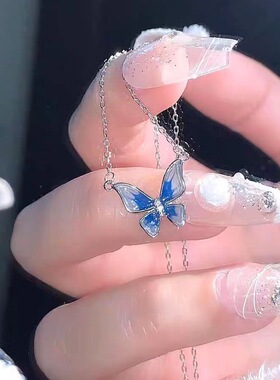 渐变蓝蝴蝶项链女ins小众锁骨链