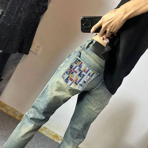 欧美潮牌后兜印花F字母牛仔裤男
