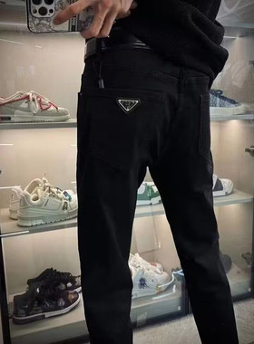 欧美潮牌黑色三角标牛仔裤男士秋冬季潮流百搭修身小直筒休闲裤子