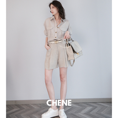CHENE YI进口肌理感色织条纹夏日老钱凉感四分微A遮胯显瘦女短裤