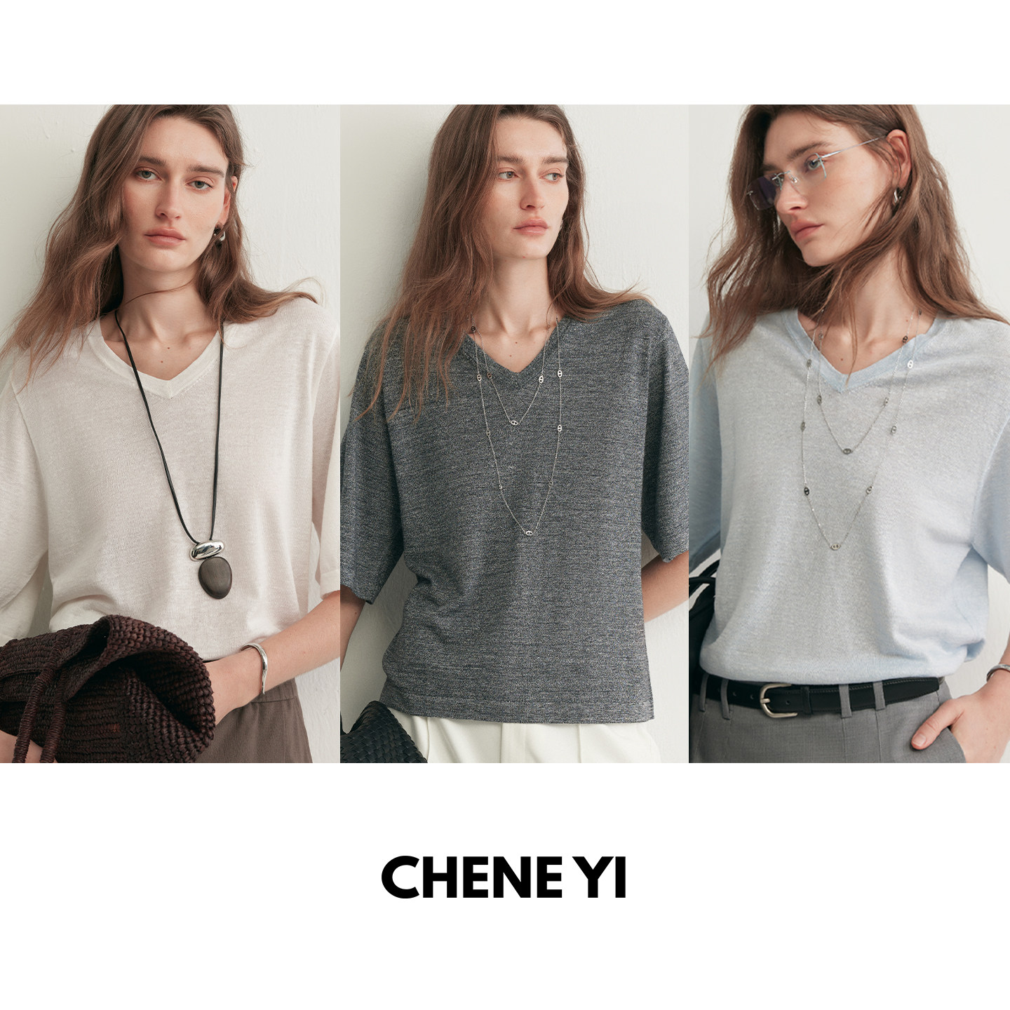 CHENE YI 德国扬子亚麻羊毛混纺V领廓形针织短袖T恤女夏轻薄上衣