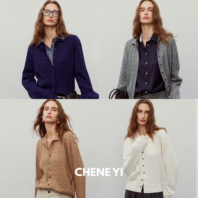 CHENE YI 康赛妮羊绒混纺多色POLO领绞花长袖针织开衫外套女