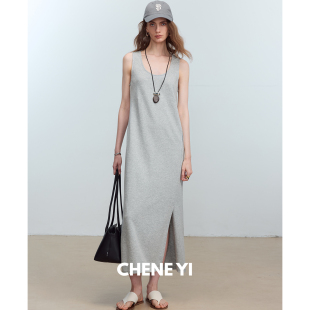 CHENE 通勤U领针织无袖 夏季 连衣裙女 YI肯豆风凉感侧开衩舒适佰搭