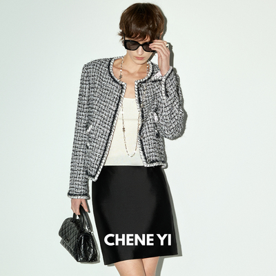 CHENE YI塞纳花房限量欧洲进口LINTON箱型四口袋粗花呢小香外套女